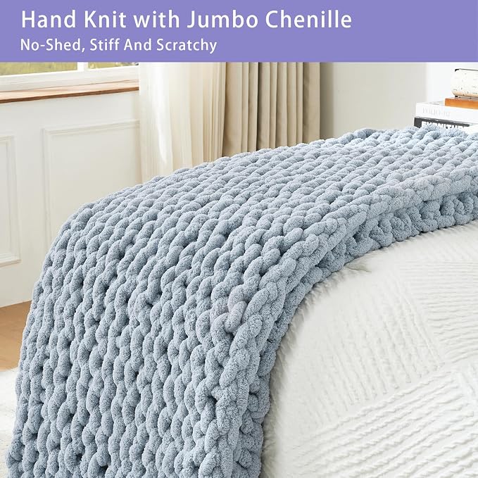 Bigacogo Chunky Knit Throw Blanket for Couch, 40x60 inches, Fog Blue | Hand Knit with Jumbo Chenille, Soft Breathable Cable Knit for Sofa Bed Living Room, Machine Washable, Gift for Mom Friend