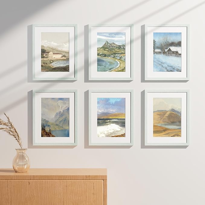 Vittanly 11x14 Picture Frames Set of 9 for Wall Mounting, Vintage Green | Display Pictures 8x10 with Mat or 11x14 without Mat, Engineered Wood with Shatter Resistant Plexiglass, Gallery Photo Frames