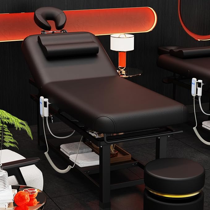 Olela Electric Heated Massage Table - Stationary Massage Table with Heating Function and Storage, Treatment Table with Electric Lift & Manual Adjustable Backrest, Metal Frame for Massage, Spa So On