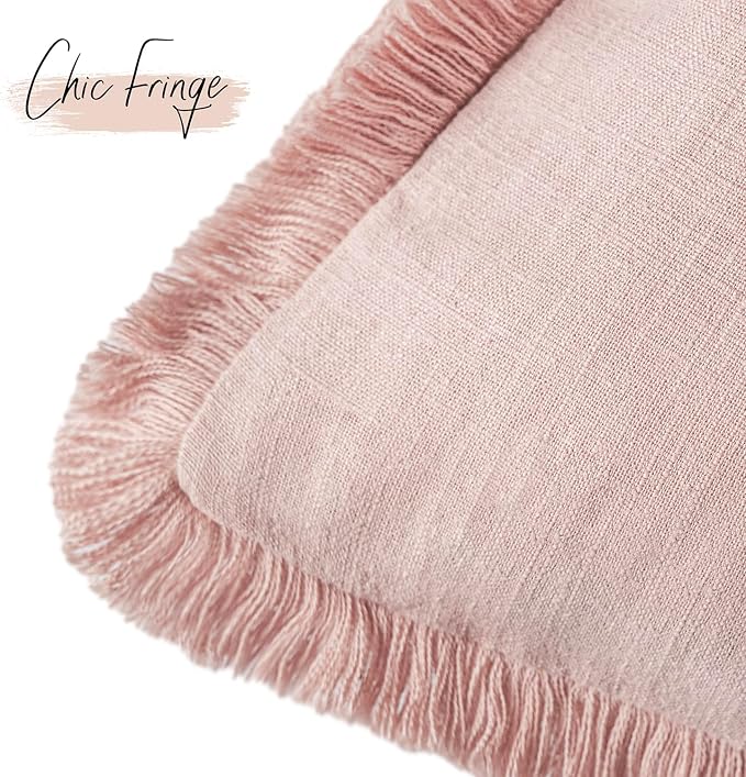 Foindtower Set of 2 Decorative Linen Fringe Lumbar Throw Pillow Covers Boho Farmhouse Cushion Cover with Tassels Soft Accent Pillowcase for Couch Sofa Bed Living Room Home Decor,12×20 Inch,Light Pink