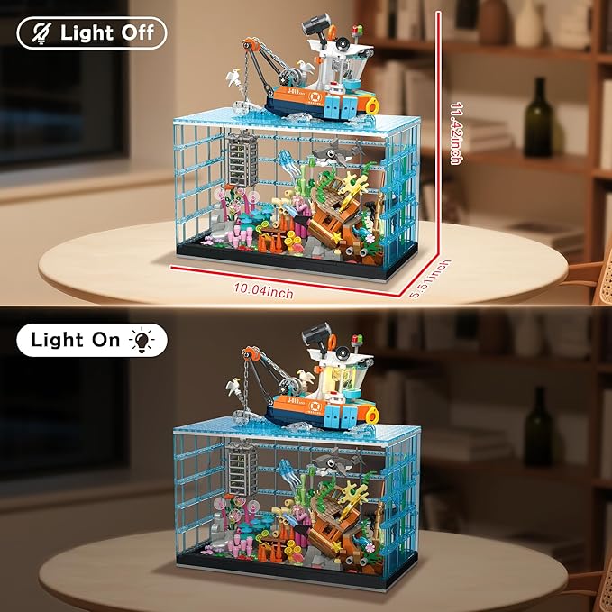 Fish Tank Building Blocks Set - 830PCS Ocean Treasure Hunt Building Set with Adventure Boat, Shark, Jellyfish & Coral Reef, STEM Toys Halloween for Teens Adults
