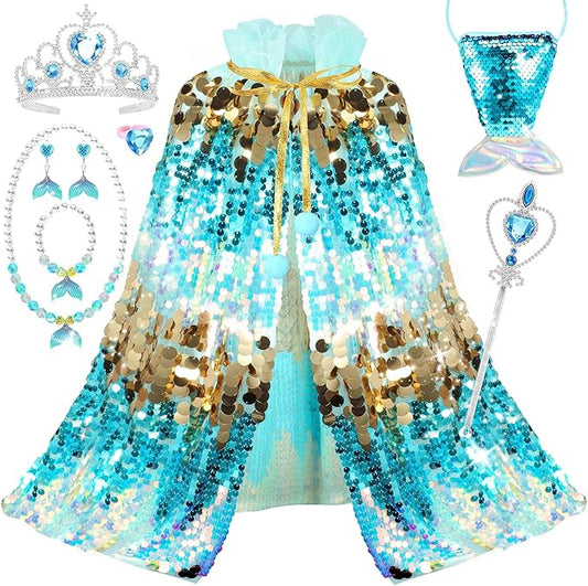 Princess Dress Up Toys Mermaid Dress Up Cape Kit 9 Pcs Gift Set for Little Girls 3-8 Years Old