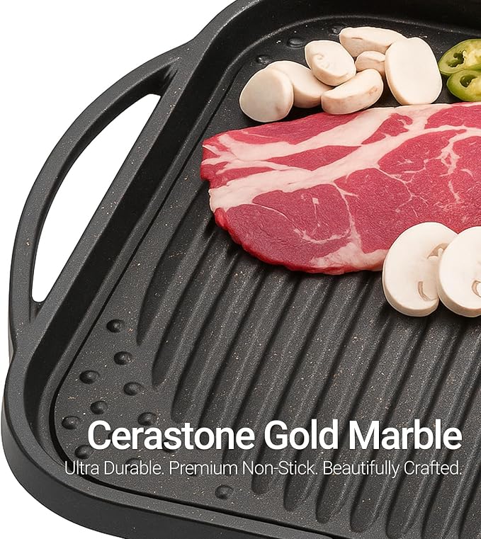 12in Nonstick BBQ Grill Plate – Cerastone Gold Marble Coated, Korean-Style Stovetop Griddle Pan for Indoor & Outdoor Cooking
