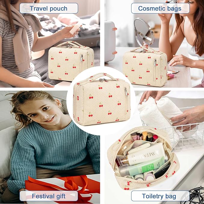 Bluboon Makeup Bag Zipper Pouch Travel Portable Cosmetic Bag Organizer for Women and Girls(Cherry Corduroy beige)