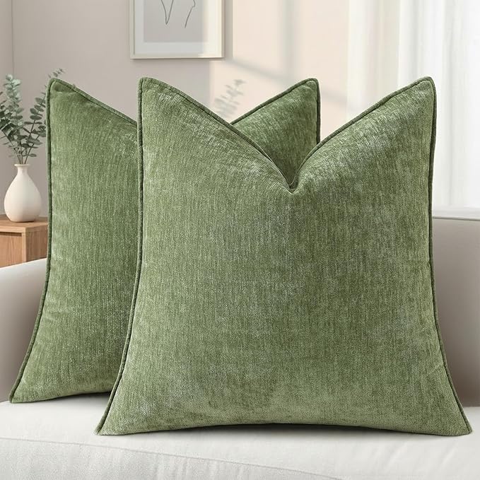 decorUhome Chenille Olive Green Velvet Throw Pillow Covers 24x24 Set of 2 | Fall Soft Euro Sham Couch Decorative Modern Farmhouse Pillow Cases with Elegant Design for Sofa Bed Living Room Home Decor