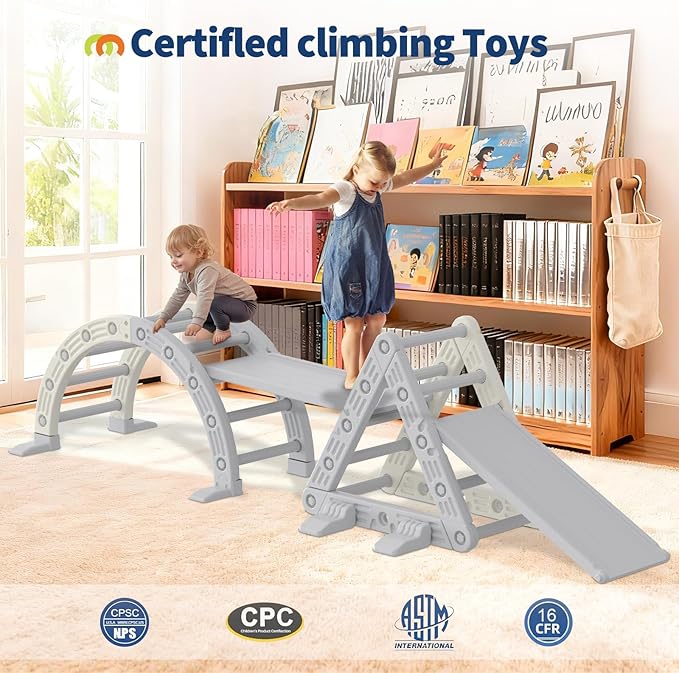 Garvee 9-in-1 Triangle Set, HDPE PP Plastic Climbing Set, Durable 1-8 Toddler Climbing Toys Indoor with Arch, Ramp, Ladder & Slide, Indoor Playground Jungle Gym Playset, White