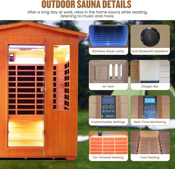 OUTEXER Outdoor 4 Person Sauna Far Infrared Saunas Dry Sauna Room Red Cedar and Canadian Hemlock Wood Wooden Sauna Spa 2600W 240V with 7 Color Light 62.2 * 46.8 * 81.9 inches