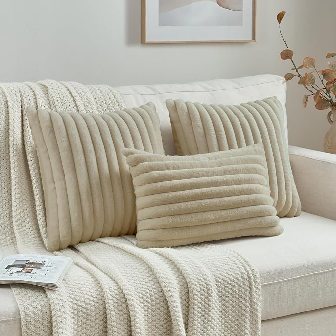 FUTEI Pack of 2 Faux Fur Throw Pillow Covers 12x20 Inch, Beige | Fluffy Faux Rabbit Fur Front/Premium Velvet Back,Hidden Zipper,Machine Washable,Non-Shedding,Colorfast,Insert Not Included.