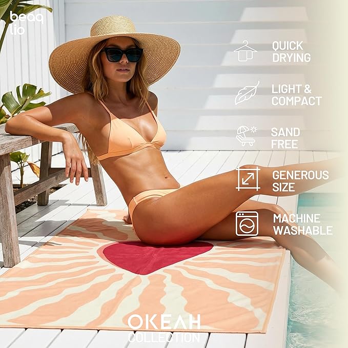 Microfiber Beach Towel Oversized w/Travel Bag, 71 * 36'' Double Print Quick Dry XL Beach Towels for Cruise Pool Yoga Gym Gift, Lightweight Absorbent Sandproof Beach Essentials, Boho Heart