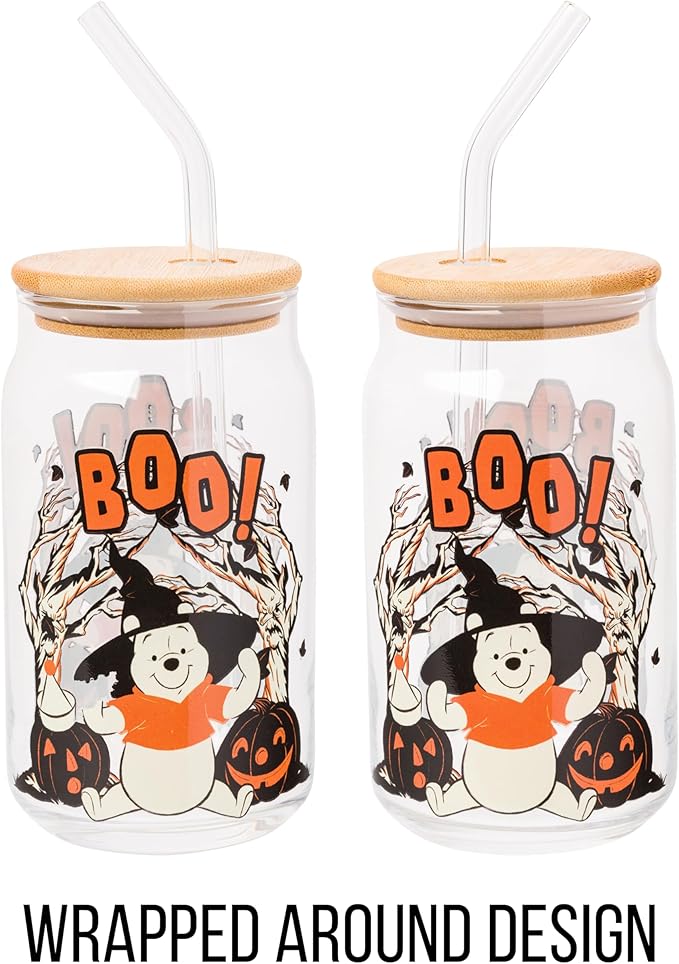 Silver Buffalo Disney Winnie the Pooh Halloween Spooky Boo Witch Hat Jack-o-Lantern Glass Jar Tumbler with Bamboo Lid and Glass Straw, 16 Ounces