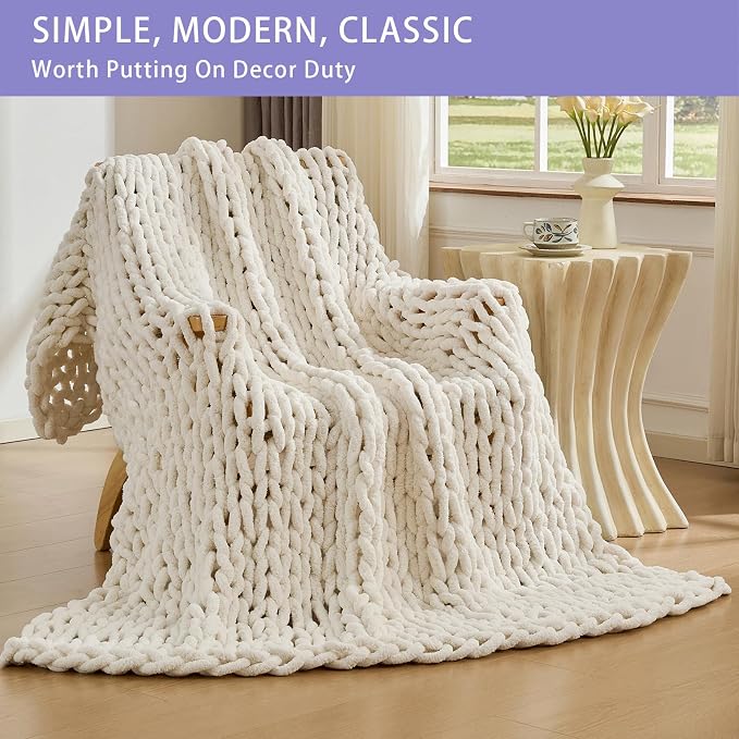 Bigacogo Chunky Knit Throw Blanket for Couch, 40x80 inches, Vintage White | Hand Knit with Jumbo Chenille, Soft Breathable Cable Knit for Sofa Bed Living Room, Machine Washable, Gift for Mom Friend