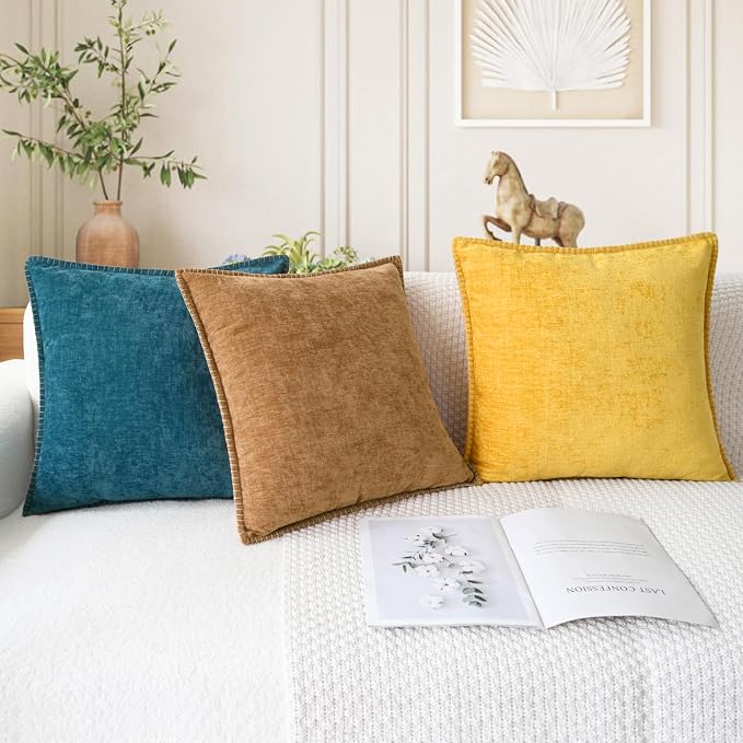 CaliTime Decorative Couch Throw Pillow Covers 26 X 26 Inches Apricot Brown | Pack of 2, Cozy Chenille Cushion Cases, Cotton Thread Stitching Edges, for Sofa Bed Living Room Farmhouse