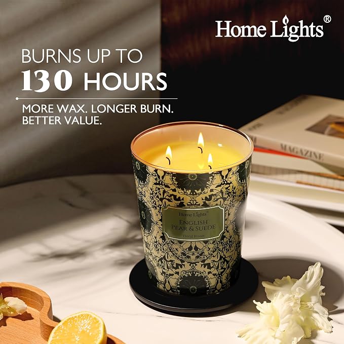 HomeLights Soy Wax Candles for Home Scented, 3-Wick Candles in English Pear & Suede Scented, Bohemian Natural Textures Aromatherapy Candles Gift for Parties, Relaxing, 34oz