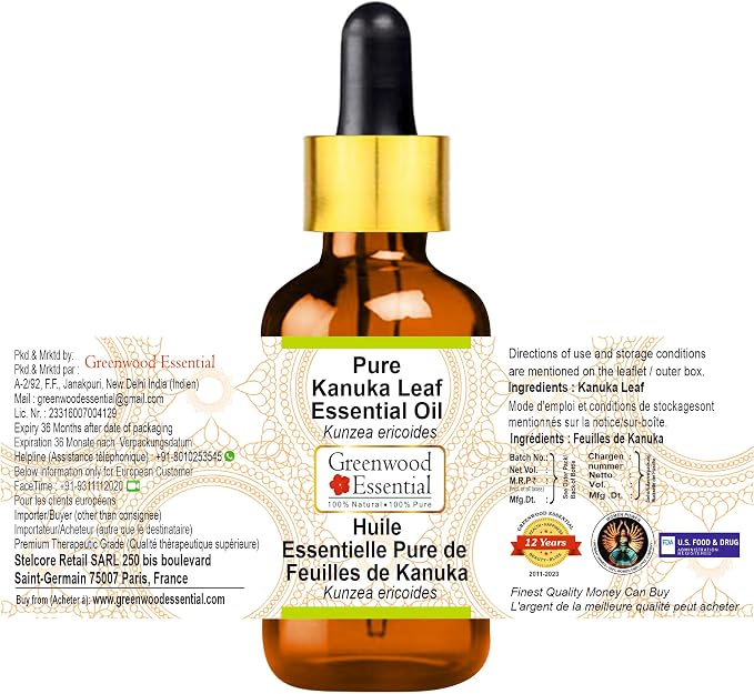 Greenwood Essential Kanuka Leaf Essential Oil (Kunzea ericoides) with Glass Dropper | Pure | Non-Sticky | Non-Greasy | Lightweight | Men & Women | All Skin Types | Steam Distilled 10ml (0.33 oz)