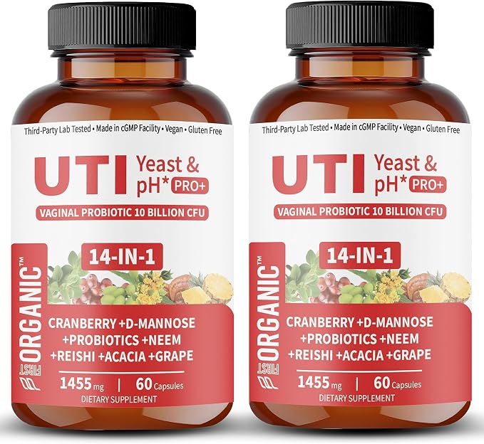 UTI Yeast & pH Pro+ | Pack of 2 | Daily Feminine Hydration & Balance Support with Cranberry, D-Manose, Aloe, Hibiscus | Third-Party Lab Tested | 60+60 Caps