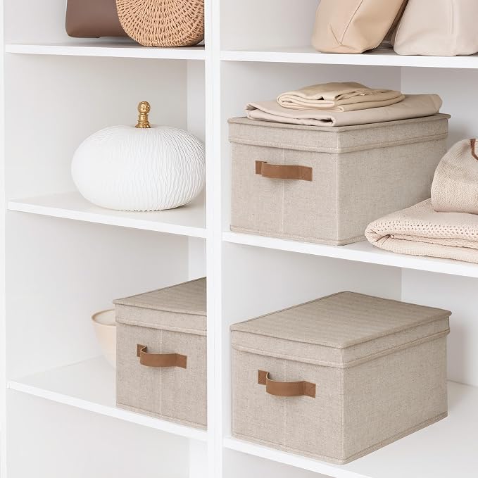 StorageWorks Fabric Storage Bins with Lids, Decorative Storage Bins | Lidded Dust-proof, Easy Pull Handles, Foldable, Stackable, Ideal for Clothes Blanket Towel, Large, Brown and Beige, 3-Pack