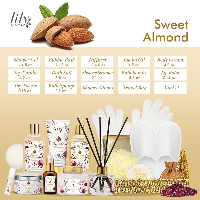 Mother's Day Gift Basket 17Piece Honey Almond Spa Gift Basket for Women Bath and Body Gift Basket Set Kit with Shower Gel | Christmas, Valentines Day Gifts for Women, Birthday Gifts for Her, Wife, Mom