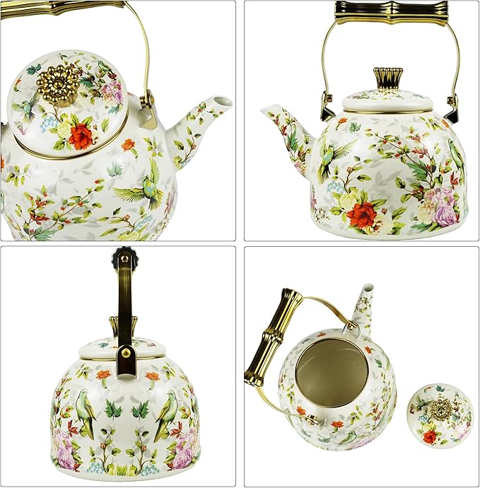 Vintage Enamel Tea Kettle Birds Floral Boho Stovetop Teapot with Gold Handle 2.5L Enamel Kettle Bohemian Kitchen Decor Ideal Gift for Housewarming Camping Coffee Pot