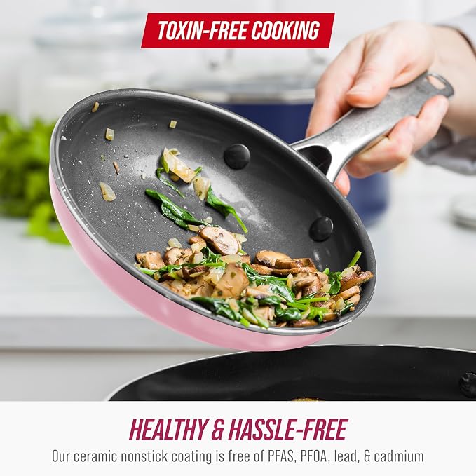 Blue Diamond 8" Diamond Infused Ceramic Nonstick Frying Pan Skillet, Pink | PFAS-Free Ceramic Nonstick, Dishwasher & Oven Safe, Stay Cool Handle, Durable Metal Utensil Safe, Egg & Omelet Pan