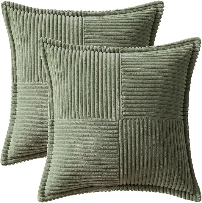 MIULEE Decorative Euro Sham Throw Pillow Covers 24x24 Light Olive Green | 2 Pack, Boho Broadside Striped Patchwork Pillow Covers, Soft Corduroy Cushion Cases, For Bed Couch Sofa Livingroom Home Decor