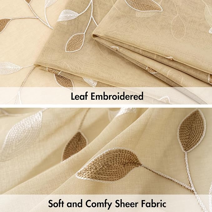 MIULEE Beige Sheer Curtains 2 Panels Embroidered Leaf Patterned Rod Pocket Floral Semi Sheer Faux Linen Window Curtains Drapes Set for Living Room Bedroom Dining Room, 52x63 Inches Length