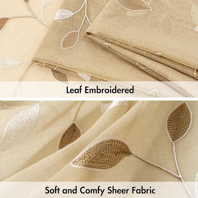 MIULEE Beige Sheer Curtains 2 Panels Embroidered Leaf Patterned Rod Pocket Floral Semi Sheer Faux Linen Short Window Curtains Drapes Set for Kitchen Bathroom Cafe, 30x24 Inches Length