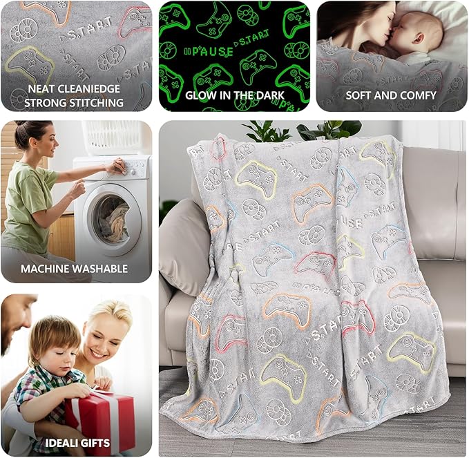 Glow in The Dark Blanket for Boys, Gamer Blanket Gifts for Kids, Game Controller Throw Blanket for Home Decor, Soft Warm Toys Birthday Gifts for Teens Men Boyfriend 50"x60"