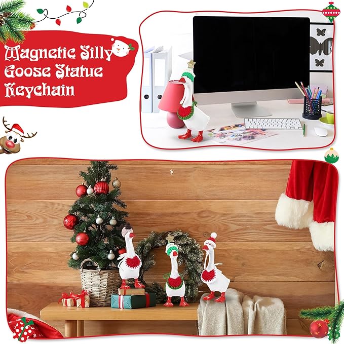 Geyoga 3 Pcs Mini Desk Goose Outfits 7 Inch Mini Knitting Hat and Bandana Knitting Desk Goose Headwear Bibs Accessory for Magnetic Statue Table Decor Gifts (Christmas Style)