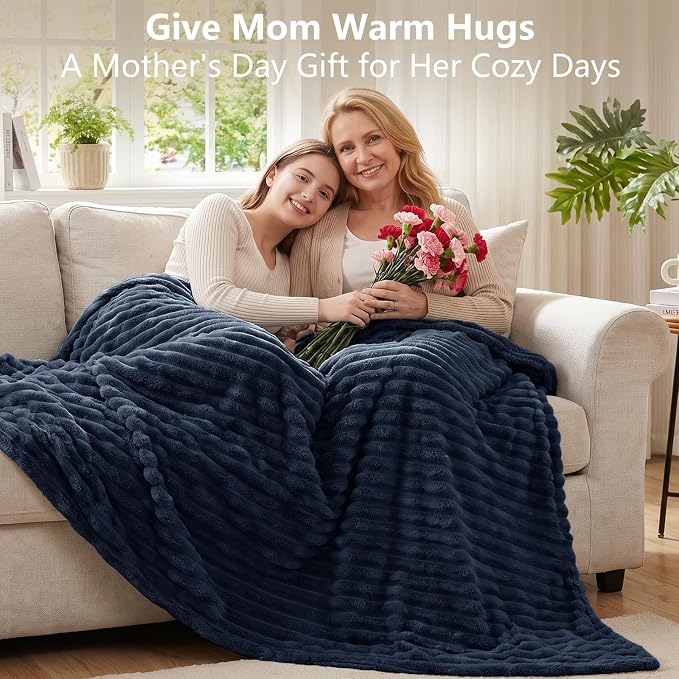 Navy Blue Blankets Queen Size for Bed, 90 x 90 Inch | 300GSM Ribbed Fleece Blanket, Soft, Cozy & Lightweight, OEKO-TEX Certified, All-Season for Bedrooms, Guest Rooms & Gifting