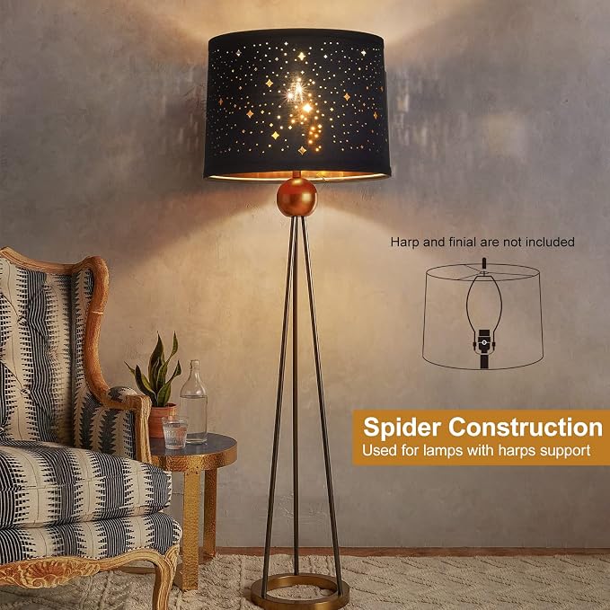Black Drum Lampshades Set of 2 with Sky Stars Design, 11.6" x 12.6" x 9.8" | Fabric Lamp Shades for Table Lamps, Floor Lamps, Modern Lampshade for Bedroom, Spider, Harp Holders Included, Easy Assembly
