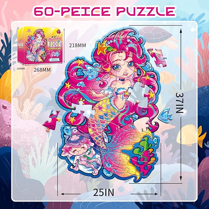 Jumbo Mermaid Floor Puzzle for Kids Ages 6-8 Year Old, Large Toddler Puzzle for Girls Ages 6 7 8 Year Old, Mermaid Girl Gift and Educational Toy for Birthday and Christmas