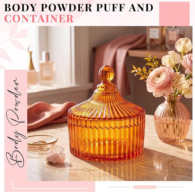 Tioncy 2 Pcs Extra Large Dusting Powder Puff and Container for Women-6'' Glass Crystal Dusting Powder Container with Body Soft Washable Reusable Velour Face(Orange,Classic)