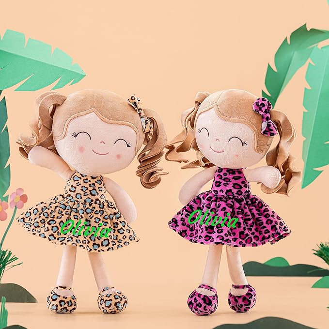 Gloveleya Personalized Baby Doll – Custom Name Plush Rag Doll 12” | Pink Leopard Dress | Birthday, Christmas for Girls & Toddlers