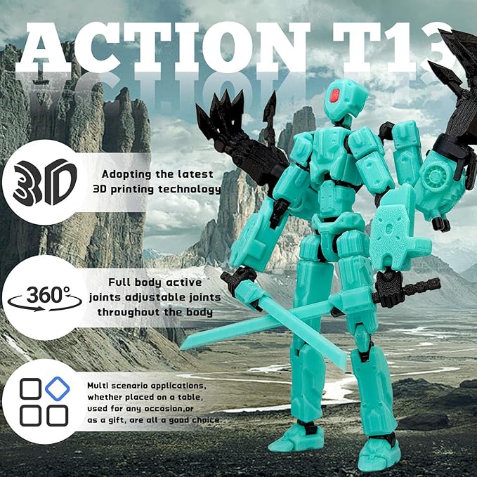 8Inch T13 Action Figure Assembly Completed, T13 Multi-Jointed Movable Robot Action Figure Set,Collectors Desktop Decorations for Game Lovers Toys (Cyan)