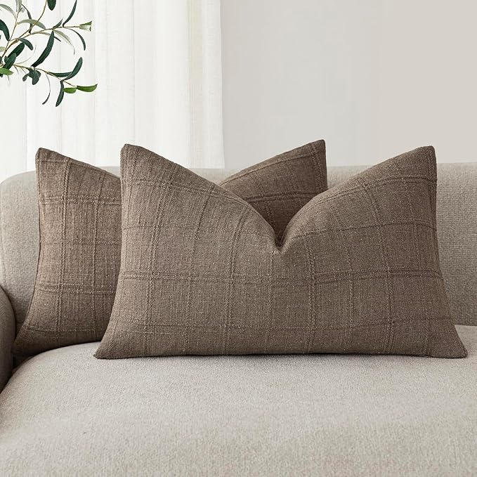 Foindtower Set of 2 Decorative Linen Check Throw Pillow Covers Neutral Farmhouse Lumbar Cushion Covers Modern Boho Home Decor for Sofa Chair Couch Bedroom Living Room,12×20 Inch,Taupe Grey