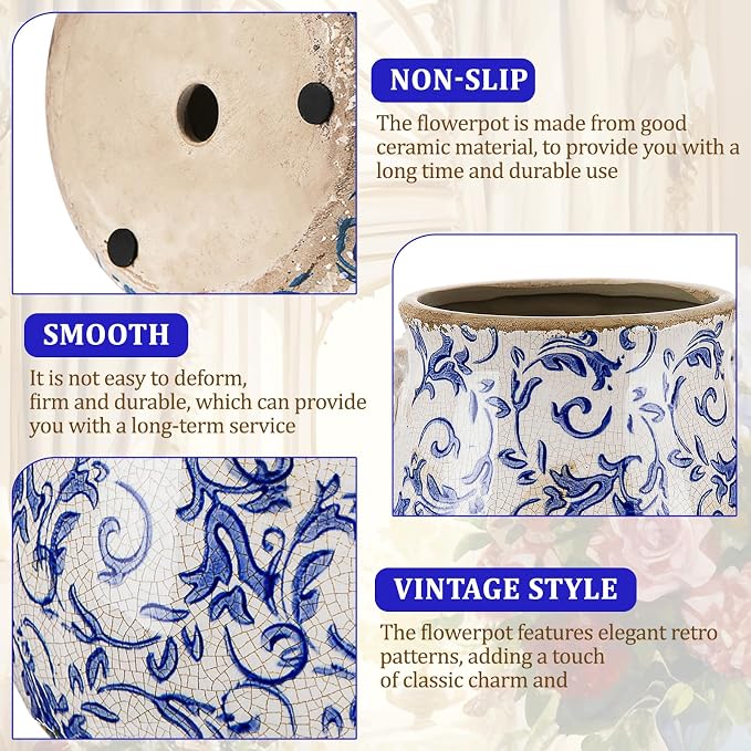 Ceramic Scroll Planter 6.5 Inch Chinoiserie Floral Vase with Drainage Holes Vintage Flower Vase Flower Pot Rustic Ceramic Pots for Indoor Plants Garden Home Bookshelf Decor(Blue Floral)