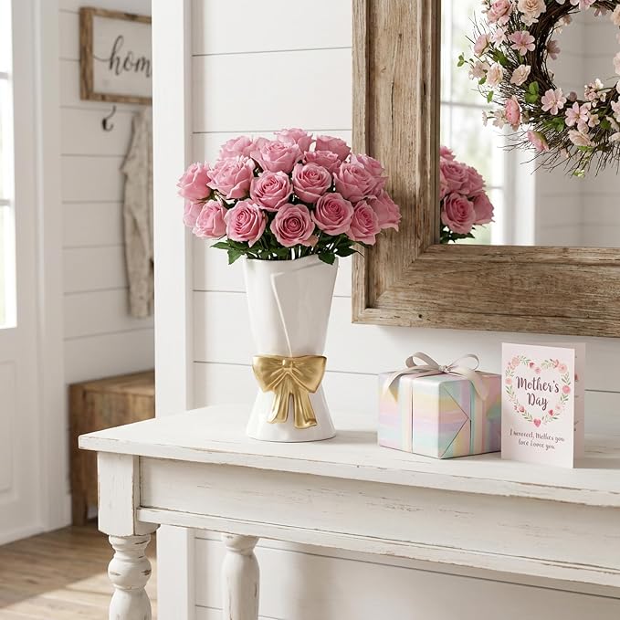 Relexome Fully Glazed White Ceramic Gold Bow Vase 9.64 in Unique Cute Modern Decorative Bouquet Flower Vases for Home Living Room Table Mother's Day Decor Women Gifts