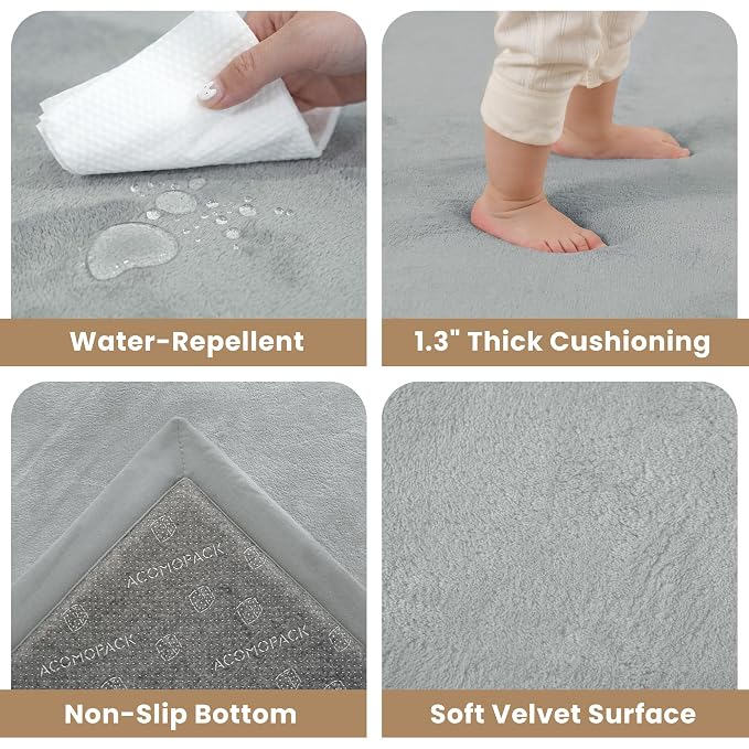 ACOMOPACK Baby Play Mat for Floor 1.3" Thick Memory Foam Play Mat 79"×118" Tummy Time Crawling with Non-slip Bottom for Living Room,Nursery,Soft Velvet Playpen Mats for Kids,Infants（Light Grey）