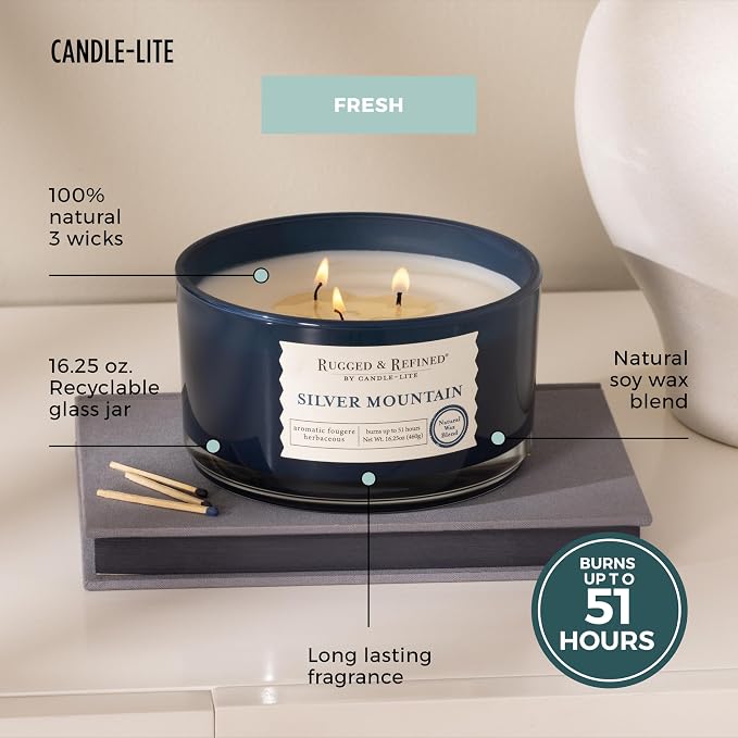 Candle-Lite Scented Candles for Men, Silver Mountain Fragrance, 16.25 oz Jar, 3-Wick, 51 Hours of Burn Time, Masculine Aromatherapy with Long Lasting Scent, Ideal Gift for Father's Day and Home Decor