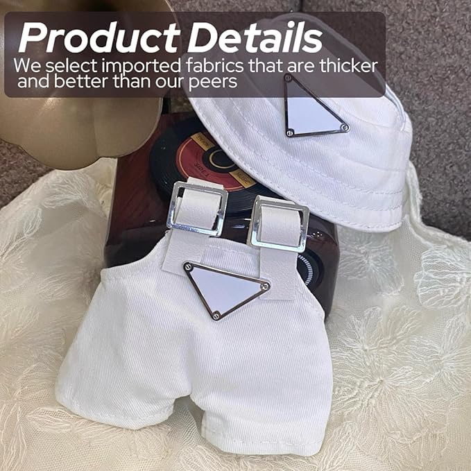 Clothes for 17cm Dolls(NO Doll)，Premium Handmade Clothes，Adjustable Kawaii Outfits for Clothes Set，Dolls Keychain Accessories，Bucket Hat+Overalls (White)