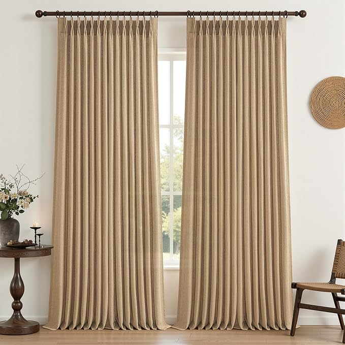 Rust Brown Pleated Flax Linen 102 Inch Extra Long Curtains for Sliding Glass Doors, Memory Shape Pinch Pleat Light Filtering Semi Sheer Country Window Drapes Bedroom Privacy Viral Curtain 2 Panels Set
