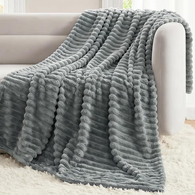 Gray Blankets Queen Size for Bed, 90 x 90 Inch | 300GSM Ribbed Fleece Blanket, Soft, Cozy & Lightweight, OEKO-TEX Certified, All-Season for Bedrooms, Guest Rooms & Gifting