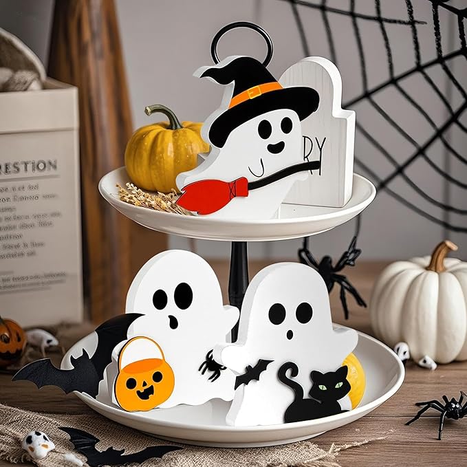 Cute Halloween Decorations Indoor-Cute Halloween Wooden Tiered Tray Decor, 3 Pcs Wooden Ghost Blocks Signs for Home Shelf Mantel Tabletop Office Party Fireplace
