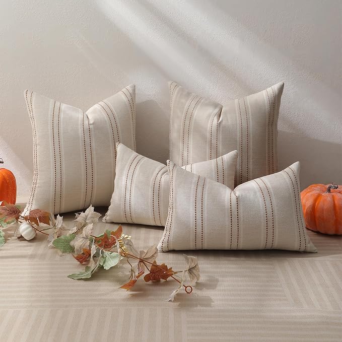 Hckot Rust Throw Pillow Covers 20x20 Set of 2 Striped Fall Pillow Covers Textured Linen Decorative Pillows Square Cushion Covers for Sofa Couch Bed Living Room Farmhouse Decor(Caramel)