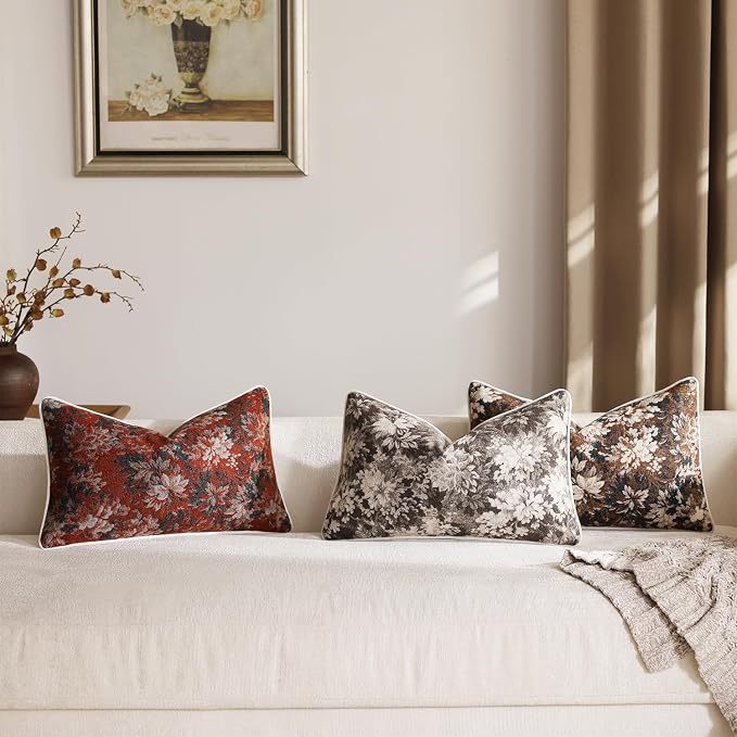 Pack of 2 Vintage Floral Pillow Covers 12x20 Boho Farmhouse Accents Chenille Rectangular Lumbar Decorative Throw Pillow Cases for Living Room Couch Bed Home Decor, Rust