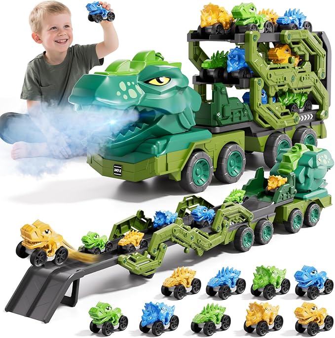 IHAHA 10 in 1 Dinosaur Truck Toys with 9 Dino Cars for Kids 3-5 Years, Dino Carrier Truck with Foldable Track, Spray, Light & Sounds, Birthday Gifts for Toddlers Boys Girls 3 4 5 6 7 8 Years Old