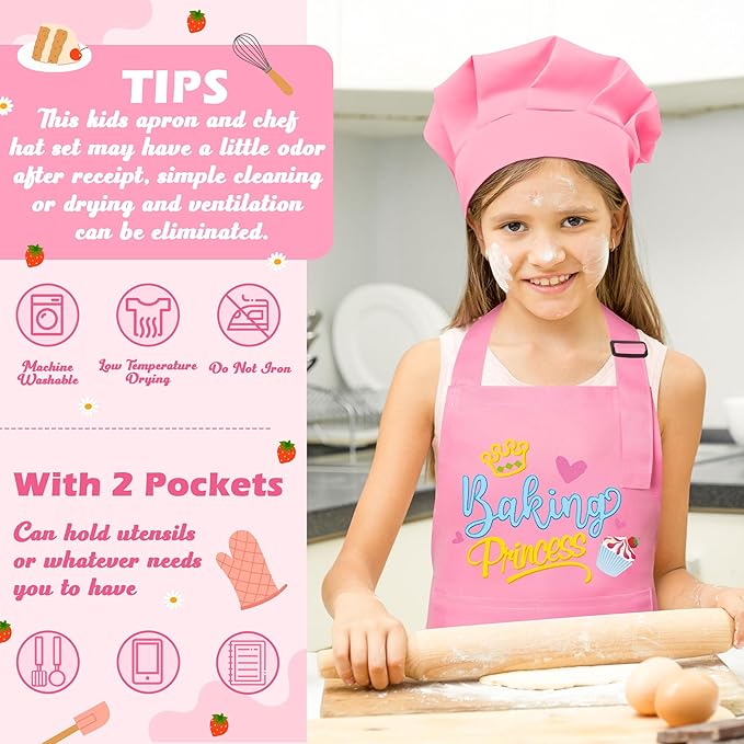 R HORSE Kid Apron and Chef Hat Set - 2Pcs Pink Baking Princess Adjustable Children Kitchen Toddler Apron for Girls, Funny Dress up Role Play Chef Toy Birthday Gift for Kids Cooking Baking Painting
