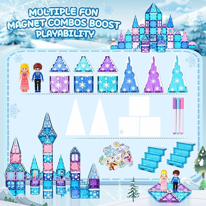 145pcs Diamond Magnetic Tiles Set with Magnetic Doodle Kit, 3D Blocks Magnet Toys for Girls 3 4-7,8-12, Educational Stem Toys Include Stairs Dolls Decals Stickers,3 4 5 6 7 8+ Girls Gift