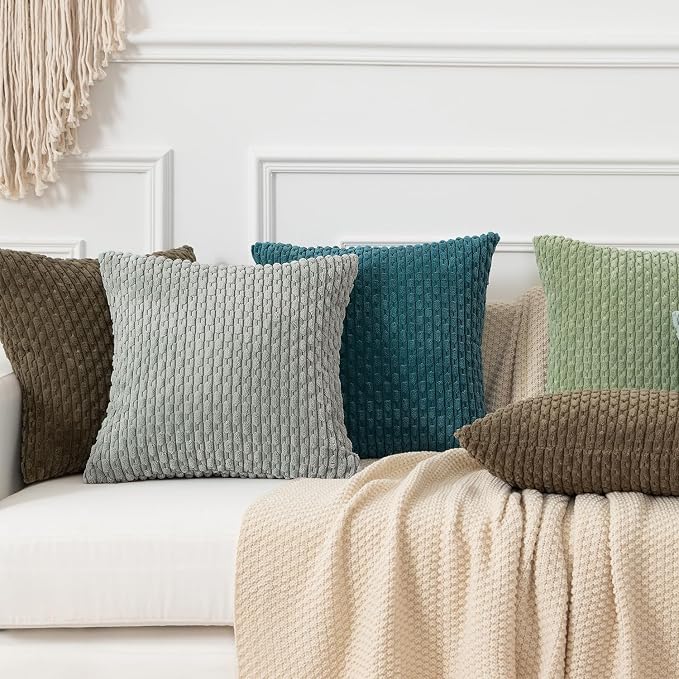 Kevin Textile Soft Corduroy 12"x20" Lumbar Pillow Cover 1 Pack, Grey Green | Boho Stripe Plush Corduroy Decorative Oblong Cushion Cover Modern Farmhouse Home Decor for Sofa Couch Bed Chair
