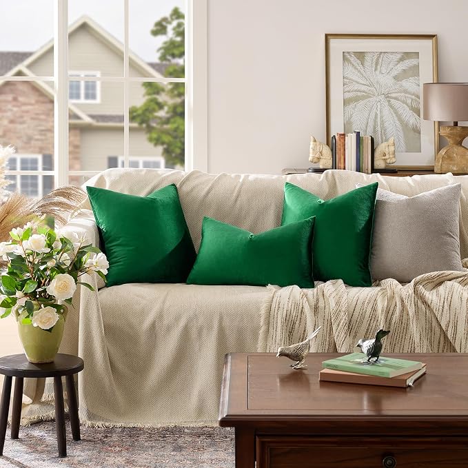 GIGIZAZA Green Velvet Pillow Covers 24x24 Decorative Pillows Pack of 2 | Throw Pillows for Couch Sofa,280gsm Soft Textured Fabric,Modern Square Pillowcases,Luxury Cushion Covers